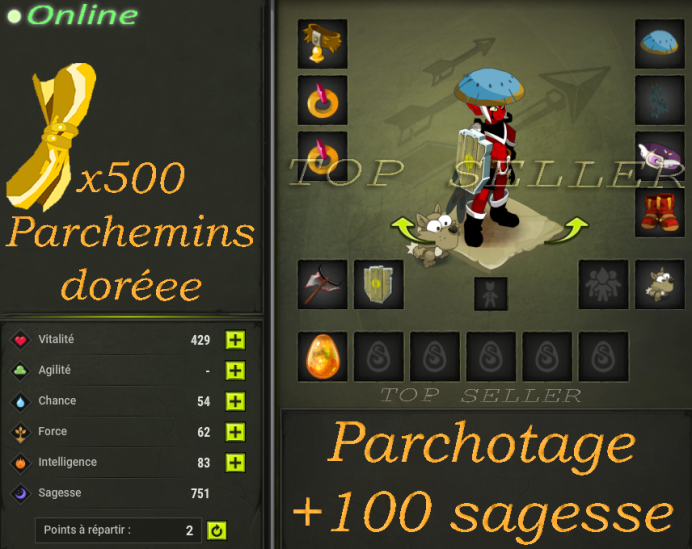 Pannoplie +750 sagesse lvl ( 120 -200 ) + Parchotage 100 sagesse + 500 parchemins doree + Top bonus - livraison 5 minutes