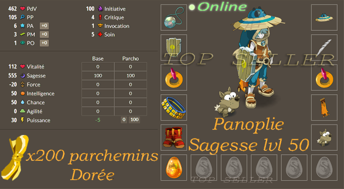 Panoplie +555 sagesse lvl 50 + parchotage 100 sagesse + 200 parchemins doree + Top Bonus - livraison 5 minutes