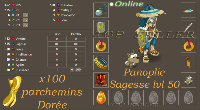 Tylezia : Panoplie +555 sagesse lvl 50 + parchotage 100 sagesse + 100 parchemins doree + Top Bonus - livraison 5 minutes