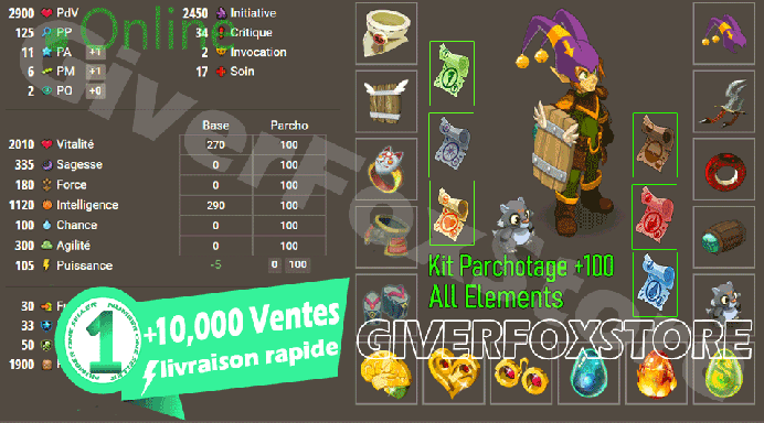 Orukam>[ Panoplie intelligence , 101 Dommage feu 1120 intel , lvl 166 Opti ] + [ Kit parchotage +100 All Elements ]  (Best Deal)
