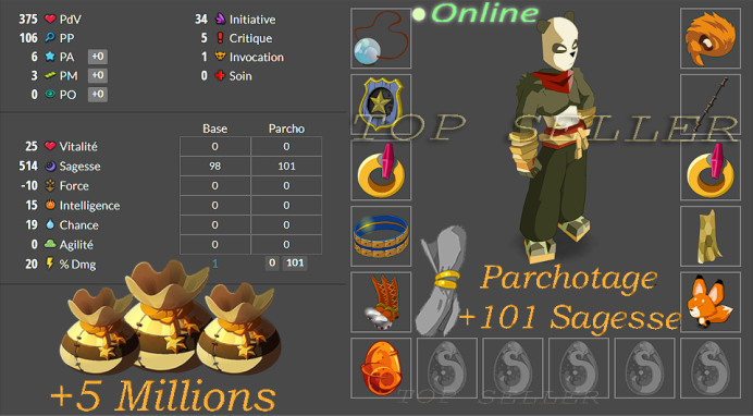 Panoplie sagesse lvl 50 + parchotage +101 sagesse + tifoux +55 sagesse + 5 M Kamas + dofus cawotte +50 sagesse + Bonus - livraison 5 minutes