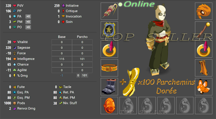 Panoplie sagesse lvl 50 + Kit parchotage +101 sagesse + x100 Parchemins doree + tifoux 55 sagesse + cawotte +50 sagesse + Bonus