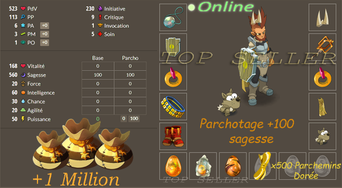Hellmina : Stuff lvl (60-100 ) + x500 Parchemins doree + Parchotage 100 sagesse + 1 Million kamas + Top Bonus - livraison expresse : 5 minutes