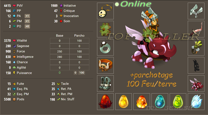 Hellmina : Panoplie opti feu terre 12 pa 6 pm lvl 199 + parchotage 100 intelligence / force + bonus - livraison 5 minutes