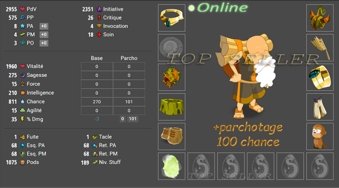 Boune : panoplie +575 prospection lvl 18x  + parchotage 101 chance + bonus - livraison 1 minute