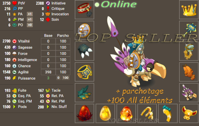 Panoplie Agilite bon jet lvl 200 + parchotage 100 tout les elements + bonus - livraison 5 minutes