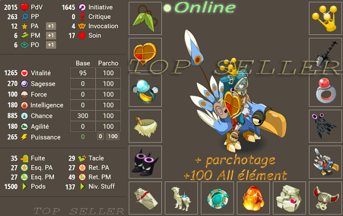 Panoplie Chance lvl 140 + parchotage 100 All elements + bonus - livraison 5 minutes