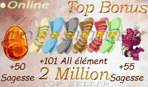 Kit parchotage +101 tout les elements + dofus cawotte +50 sagesse + dragoune rose +55 sagesse + 2M Kamas + Top Bonus - Delivery time : 5 minutes