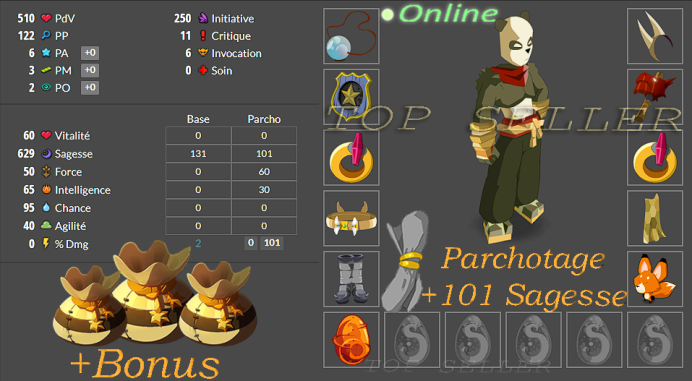 boune : stuff sagesse lvl 80 + Kit parchotage +101 sagesse + tifoux 55 sagesse + dofus cawotte +50 sagesse + Bonus - livraison 5 minutes