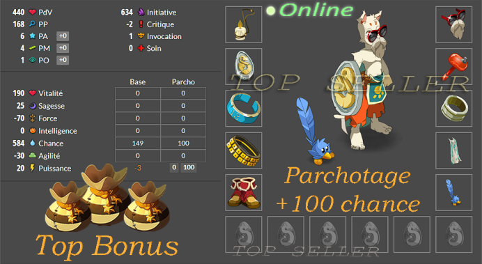 Panoplie lvl 40 +580 chance + Parchotage +100 Chance + Top Bonus - livraison 5 minutes