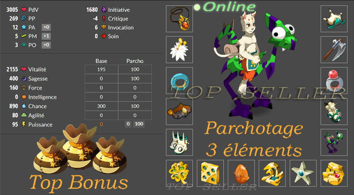 Panoplie lvl 160 chance 12 pa / 5 pm + Parchotage +100 3 elements + Top Bonus - livraison 5 minutes