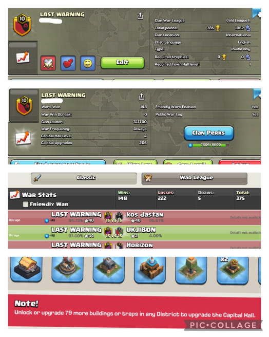 Clan Name- LAST WARNING / Level-(10).85/CAPITAL HALL-ALMOST LEVEL 5/Perfect English Name With Cheap & Affordable Price!!IOS& ANDROID!!