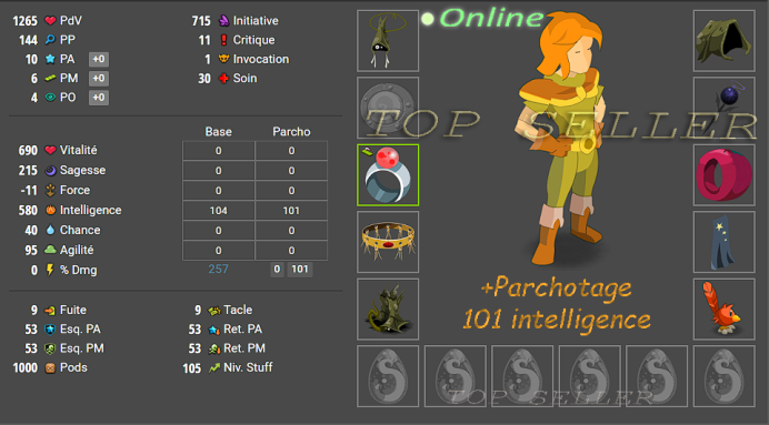 Panoplie feu lvl 105 + Parchotage +101 intelligence + bonus - livraison 5 minutes