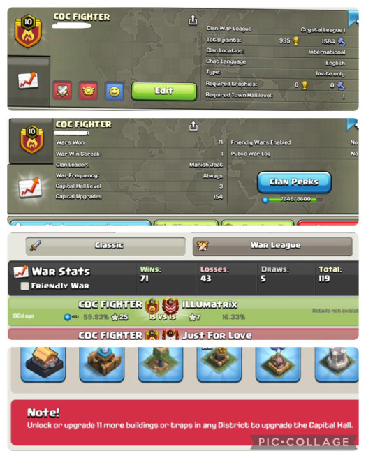 COC FIGHTER | LVL 10.85 | WARLOG W/L/D: 71/43/5| CWL League: CRYSTAL 1 | CC: Almost Capital 4 !!