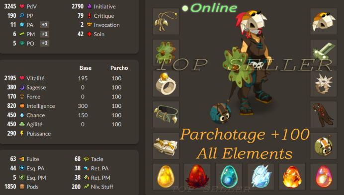 Helmina : Stuff intelligence / distance lvl 200 parfait jet Exo pa / pm + Parchotage all elements + Top Bonus - livraison 5 minutes