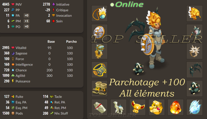 Draconiros : Stuff chance / agilité lvl 200 parfait jet + Top Bonus - livraison 5 minutes