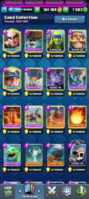 (Android/iOS) KT14 - lvl45 - Cards109/120 - Max Card 28&nbsp; _lvl 13 card 4 /Emote 65 / skin tower 4