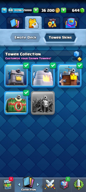 Clash royal KT14 - lvl 44 - Cards107/120 - Max Card 21 _lvl 13 card 5 /Emote 71 / skin tower 4