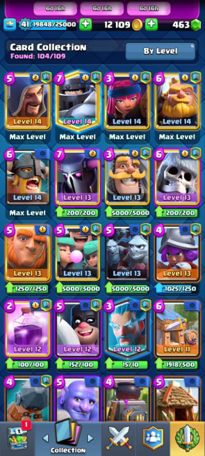 (Clash roya)l KT13- lvl41- Cards104/120 - Max Card 13 _lvl 13 card 6 /Emote 18 / skin tower 3