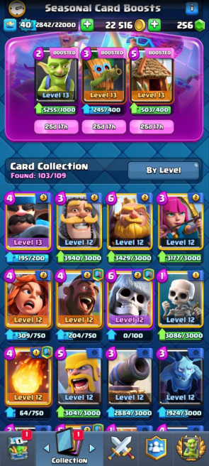 (Clash roya)l KT13- lvl40 - Cards103/120- Max Card 1 _lvl 13 card 2 /Emote 23 / skin tower 2
