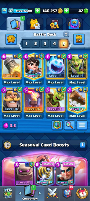 (Android/iOS)/KT 12/lvl 37/Cards 106-120 /Max Card 8 / Lvl 13 Card0/ Emote 51/ Tower skin 2