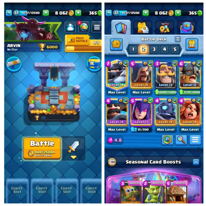 (Clash royal) KT 12/lvl 37/Cards 106-120/Max Card 5 / Lvl 13 Card 2 / Emote 43 / Tower skin 2