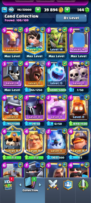 (Clash royal)&nbsp; KT 14 -lvl 40&nbsp; -Cards 108/120 -&nbsp; Max Card 9 / Lvl 13 Card 4 / Emote 68 / Tower skin 4