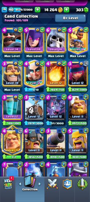 (Clash royal)&nbsp; KT 13 -lvl 40&nbsp; -Cards 107/120 -&nbsp; Max Card 13 / Lvl 13 Card 2 / Emote 56 / Tower skin 3