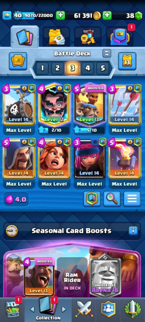 (Clash royal) KT13 - lvl40 - Cards103/120 - Max Card 7 _lvl 13 card 5 /Emote 2 / skin tower 3