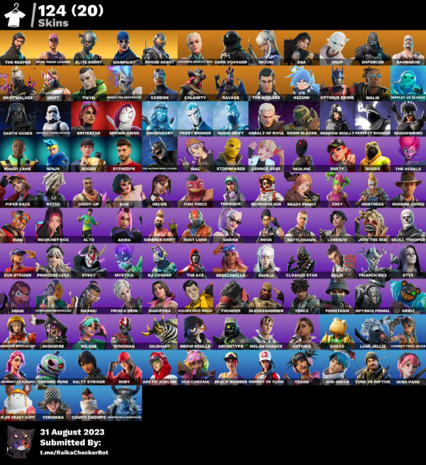 124 skins (can link all platform) OG STW | The Reaper | Elite Agent | Rogue Agent | Rust Bucket | Reaper | Tech Axe | Ol' Woody | Basic Basher