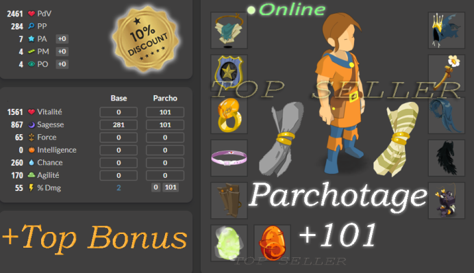 Boune : Stuff Sagesse +860 + Parchotage +101 sagesse + Parchotage +101 vitalite + Top bonus - livraison 1 minute 
