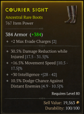 [BOOTS]LV80 COURIER SIGHT 767 IP+30.5%DMG Reduction While Injured+16.5%Movement Speed+30 INtelligence+10.5%Dodge Chance Against Distant Ememies