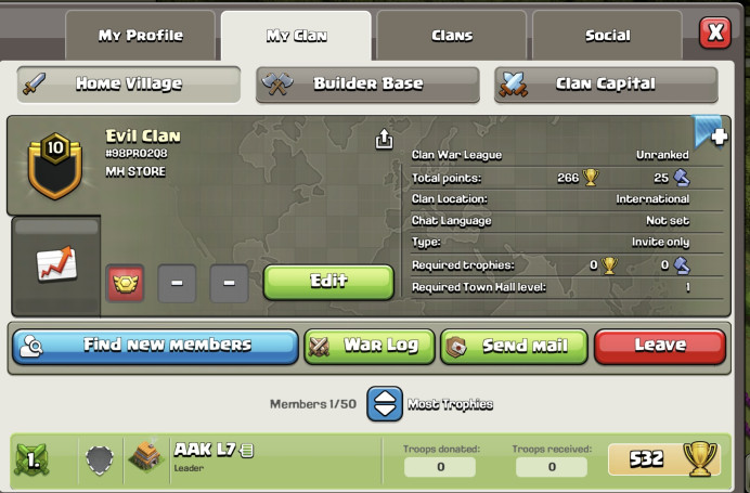 EVIL CLAN !! LEVEL 10 !! UNRANKED !! WIN 171 LOSS 134 !! CHEAP !! INSTANT DELIVERY