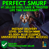 EUW / FRESH MMR / BEST SMURF LVL30+ 45575 BE / INSTANT DELIVERY CHANGE EMAIL / 0% BAN / 100% SAFE / CHEAP AND EASY #1 SELLER 0.0931