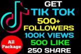 basic plan 500+ Tiktok Followers, 100K Views, 500+ Likes, 250+ Share, Real active user, non-drop, High quality, lifetime guaranteed ( Package )