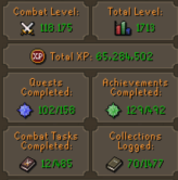 almost max combat / main 1713 total / 118 combat / 208 QP / bank 54M, pet , b gloves , avernic , imbued items / MM2 , DS2 , king ransom