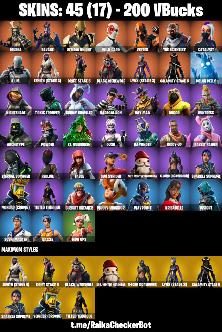 FA | 45 OUTFITS | TAKE THE ELF | HOT MARAT | MUSHA | DIRE | RAVAGE | ZENITH | ULTIMA KNIGHT | WILD CARD | DRIFT | VERTEX | THE SCIENTIST