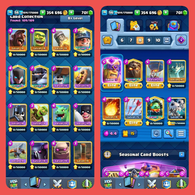 (Android/iOS) KT 15 - lvl 56 - Cards109/120 - Max Card 85  _lvl 13 card 1 /Emote 83 / skin tower 8