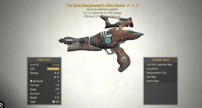Two Shot Alien Blaster(50% Critical Shot Damage,25% Less Vats AP Cost)