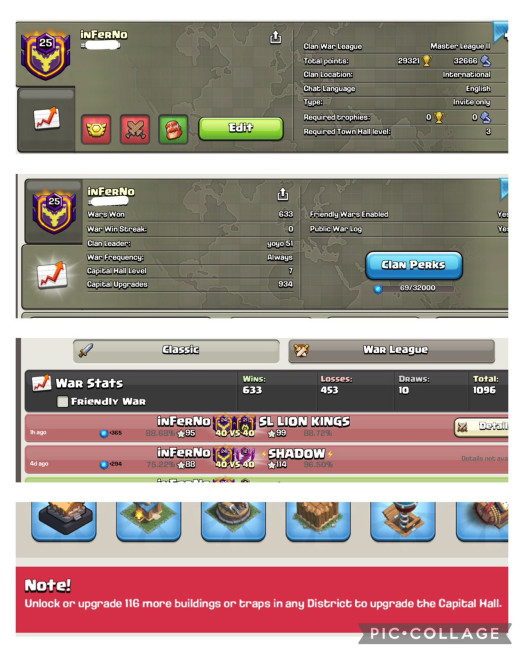 Inferno | LVL 25| WARLOG W/L/D: 633/453/10| CWL League: MASTER 2 | CC: Almost 8 !!