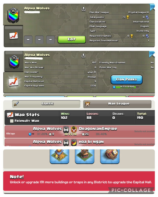 Alpha Wolves | LVL 16 | WARLOG W/L/D: 102/88/0| CWL League: CRYSTAL 3 | CC: ALMOST 10 !!