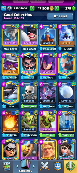 (Android/iOS) KT 13 - lvl 39 - Cards105/120 - Max Card 10 _lvl 13 card 2 /Emote 32/ skin tower 2 + of Clans th12