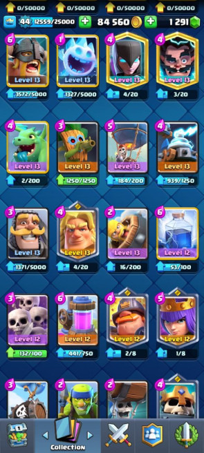 (Android/iOS) KT 14 - lvl 44 - Cards109/120 - Max Card 24 _lvl 13 card  11 /Emote 53 / skin tower 3