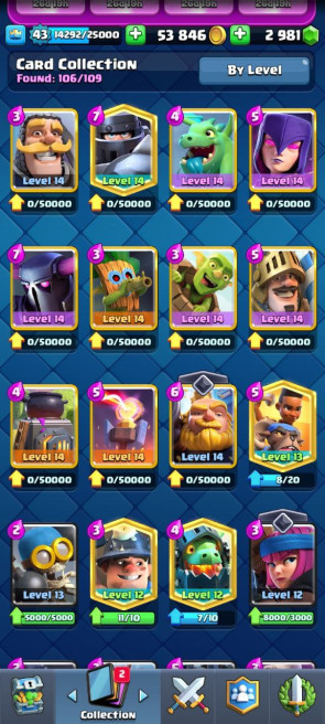 (Android/iOS) KT 14 - lvl 43 - Cards106/120 - Max Card 19 _lvl 13 card 2 /Emote 35 / skin tower 2
