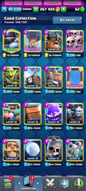 (Android/iOS) KT 14 - lvl 43 - Cards108/120 - Max Card 4 _lvl 13 card  1 /Emote 38 / skin tower 6