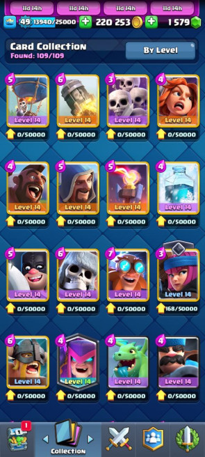 (Android/iOS) KT 14 - lvl 49 - Cards109/120 - Max Card 34 _lvl 13 card  7 /Emote 46 / skin tower 4