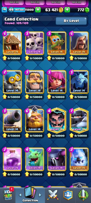 (Android/iOS) KT 14 - lvl 49 - Cards111/120 - Max Card 38 _lvl 13 card  3 /Emote 71/ skin tower 4