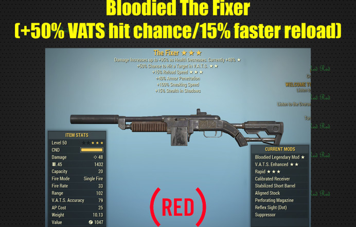 Bloodied The Fixer (+50% VATS hit chance, 15% faster reload)