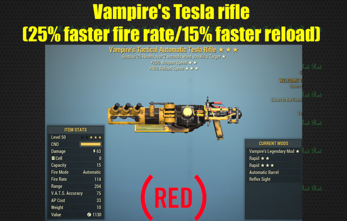 Vampire's Tesla rifle (25% faster fire rate, 15% faster reload)