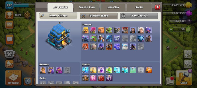 (Android/iOS) KT 12 - lvl 38 - Cards106/120 - Max Card 1 _lvl 12 card 6 /Emote 33 / skin tower 3 + clash of Clans th 12